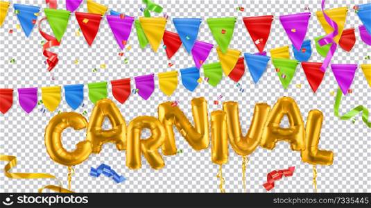 Holiday decoration. Carnival, gold toy balloons, flags, ribbons, confetti. 3d vector realistic set. Isolated on transparent background