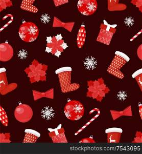 Holiday decoration seamless pattern ball and snowflake and trees, glass bows, leaves and Santa socks with print of deer and tree, gift boxes and candy cane vector. Collection of Christmas Toys Decoration Vector