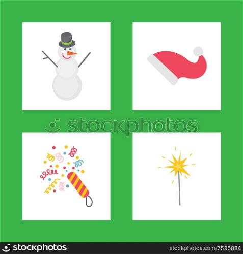 Holiday decorations for celebration New Year, snowman with Santa hat and confetti with bright sparkler vector. Flat Christmas icons isolated on green. Holiday Decorations for Celebrating New Year Icons