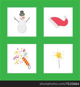 Holiday decorations for celebration New Year, snowman with Santa hat and confetti with bright sparkler vector. Flat Christmas icons isolated on green. Holiday Decorations for Celebrating New Year Icons
