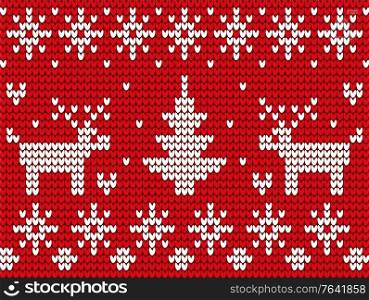 Holiday decorative background vector. Winter sweater with embroidery of snowflakes and reindeers, fir or spruce. Xmas white ornament seamless pattern illustration. Christmas celebration backdrop. Christmas Decorative Ornament on Sweater, Winter