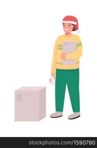 Holiday delivery courier flat color vector character. Post office worker. Christmas package. Festive season express shipment isolated cartoon illustration for web graphic design and animation. Holiday delivery courier flat color vector character