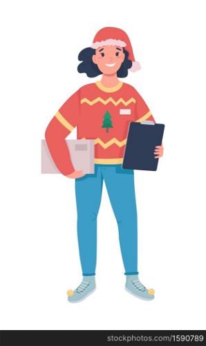 Holiday delivery female courier flat color vector character. Postwoman with parcel. Festive season express shipment isolated cartoon illustration for web graphic design and animation. Holiday delivery female courier flat color vector character