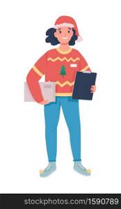 Holiday delivery female courier flat color vector character. Postwoman with parcel. Festive season express shipment isolated cartoon illustration for web graphic design and animation. Holiday delivery female courier flat color vector character
