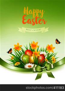 Holiday easter background with a colorful eggs and spring flowers in grass. Vector.