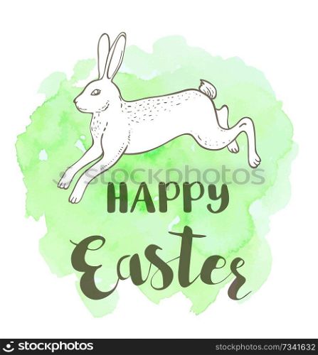 Holiday Easter background with rabbit on a green watercolor background. Hand drawn vector illustration. 