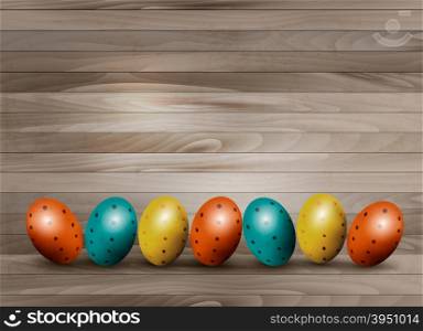 Holiday Easter eggs on wooden background. Vector.