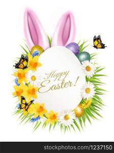 Holiday easter getting card with a colorful eggs and spring flowers in grass. Vector.