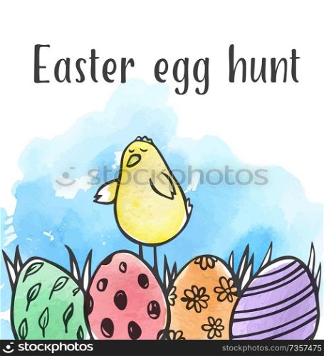 Holiday Easter greeting card with chicken and eggs on a blue watercolor background. Hand drawn vector illustration. 