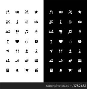 Holiday events glyph icons set for night and day mode. Party calendar. Birthday, wedding date. Mobile UI elements. Silhouette symbols for light, dark theme. Vector isolated illustration bundle. Holiday events glyph icons set for night and day mode