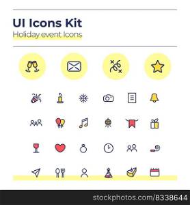 Holiday events UI icons kit. Party calender color vector symbols set. Birthday, wedding date. Celebration mobile app buttons in yellow circles pack. Web design elements collection. Holiday events UI icons kit