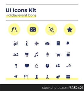 Holiday events UI icons kit. Party calender glyph vector symbols set. Birthday, wedding date. Celebration mobile app buttons in yellow circles pack. Web design elements collection. Holiday events UI icons kit