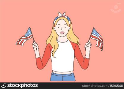 Holiday, festival, patriotism concept. Young excited happy woman or girl holds a USA flag celebrating and congratulating. Lady in a great mood takes a selfie. Freedom, Democracy, Independence. Vector. Holiday, festival, patriotism concept