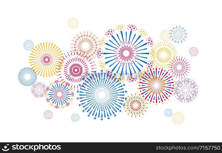 Holiday firework background. Colorful New Year and birthday celebration party pyrotechnics element. Vector red blue yellow salute with stars on white background poster for illustration beautiful event. Holiday firework background. Colorful New Year and birthday celebration party pyrotechnics elements. Vector salute poster