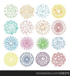 Holiday fireworks isolated on white background. Multicolor party salute icons. Vector illustration. Holiday fireworks icons