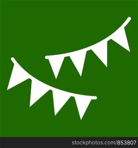 Holiday flags icon white isolated on green background. Vector illustration. Holiday flags icon green