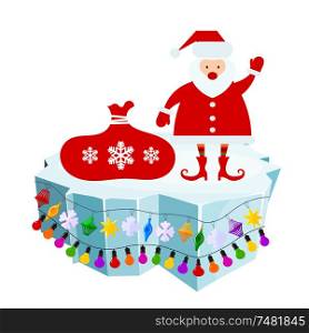 Holiday floe. Vector illustration of an ice floe with festive garlands and Santa Claus with a bag. Decorative lanterns, lights, snowflakes. Element of design and decoration
