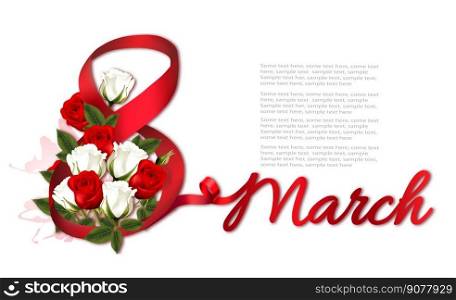 Holiday flower background with red and white roses and red ribbon. 8th March International Women Day celebration background. Vector.