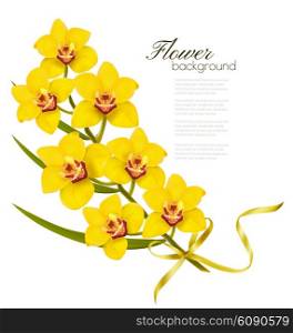Holiday flowers background with yellow orchids and gold ribbon. Vector.