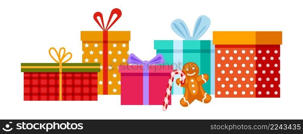 Holiday gift box bunch. Wrapped presents heap isolated on white background. Holiday gift box bunch. Wrapped presents heap