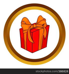 Holiday gift box vector icon in golden circle, cartoon style isolated on white background. Holiday gift box vector icon