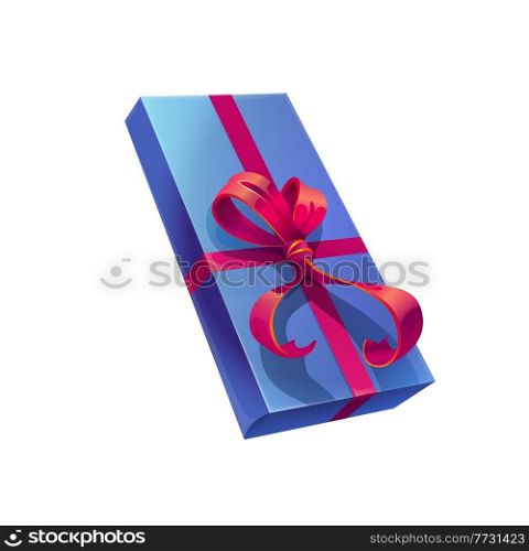 Holiday gift box, vector present wrapped with blue wrapping paper and sumptuous red bow. Isolated cartoon rectangular giftbox for Christmas, Valentine Day, Birthday or New Year events celebration. Holiday gift box, vector wrapped blue present