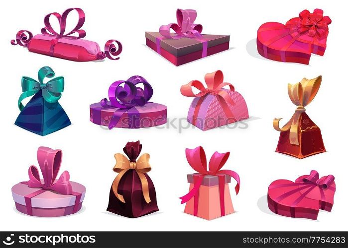 Holiday gifts and presents vector set with cartoon festive boxes, packages and packs, decorated with ribbons and bows. Isolated gift boxes in wrapping paper in shape of heart, candy and cake box. Holiday cartoon gift and present boxes set