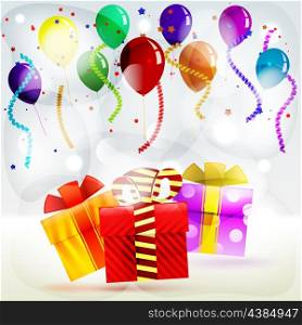 Holiday gifts in boxes on a striped colored background of balloons and streamers