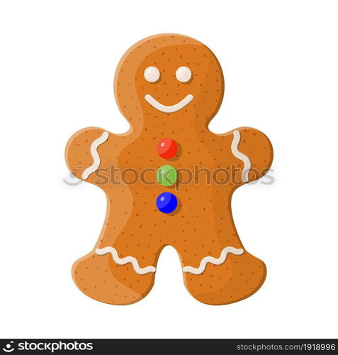 Holiday gingerbread man cookie. Cookie in shape of man with colored icing. Happy new year decoration. Merry christmas holiday. New year and xmas celebration. Vector illustration in flat style. Holiday gingerbread man cookie.