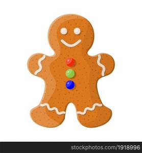 Holiday gingerbread man cookie. Cookie in shape of man with colored icing. Happy new year decoration. Merry christmas holiday. New year and xmas celebration. Vector illustration in flat style. Holiday gingerbread man cookie.