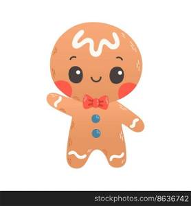 Holiday gingerbread man cookie. Cookie in shape of man with colored icing. Happy new year decoration. Vector illustration in flat style