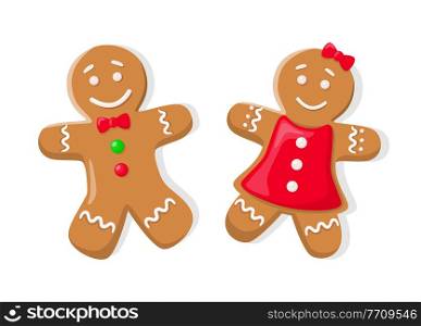 Holiday gingerbread of snowman, smiling girl in dress and boy with bow and buttons. Happy New Year decoration in flat style isolated on white vector. Holiday Gingerbread Boy and Girl Vector Isolated