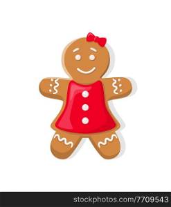 Holiday gingerbread of snowman, smiling girl in red dress with bow and buttons. Single traditional decoration in flat style isolated on white vector. Cookie of Snowman, Smiling Girl Vector Isolated