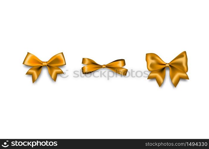 Holiday golden eve satin gift bow knot ribbon. Birthday realistic design isolated vector. Silk shiny textile sale tape.. Holiday satin gift bow knot ribbon golden
