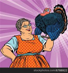 Holiday grandma with a live Turkey, pop art retro vector illustration. The symbol of thanksgiving day