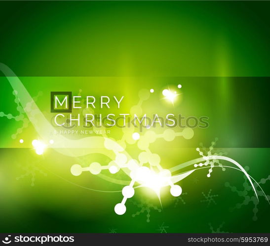 Holiday green abstract background, winter snowflakes, Christmas and New Year design template, light shiny modern vector illustration