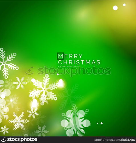 Holiday green abstract background, winter snowflakes, Christmas and New Year design template, light shiny modern vector illustration