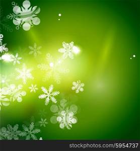 Holiday green abstract background, winter snowflakes, Christmas and New Year design template, light shiny modern vector illustration