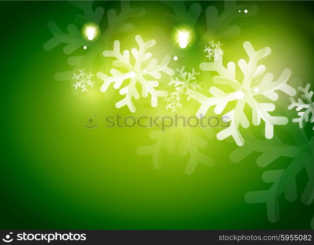 Holiday green abstract background, winter snowflakes, Christmas and New Year design template, light shiny modern vector illustration