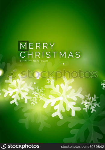 Holiday green abstract background, winter snowflakes, Christmas and New Year design template, light shiny modern vector illustration