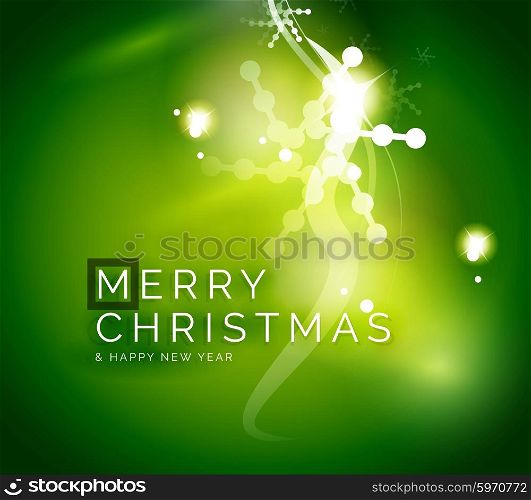 Holiday green abstract background, winter snowflakes, Christmas and New Year design template, light shiny modern vector illustration
