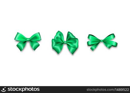 Holiday green spring satin gift bow knot ribbon. Birthday realistic design isolated vector. Silk shiny textile sale tape.. Holiday satin gift bow knot ribbon green spring