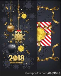 Holiday Greeting and happy new year 2018 card with gold balls
