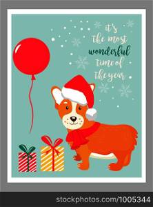 Holiday greeting card with cute corgi dog.