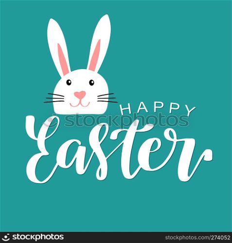 Holiday greeting card with cute Easter rabbit. Funny bunny in flat style. Lettering card. Vector illustration.. Happy easter lettering card with cute rabbit children vector illustration.