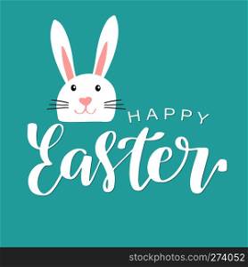 Holiday greeting card with cute Easter rabbit. Funny bunny in flat style. Lettering card. Vector illustration.. Happy easter lettering card with cute rabbit children vector illustration.