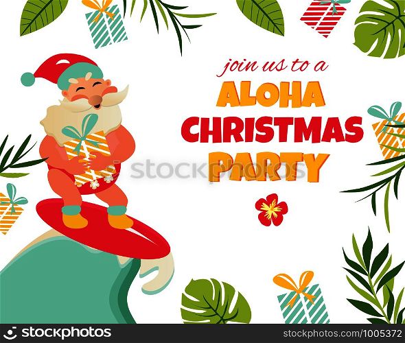 Holiday greeting card with tropical background and Aloha Santa Claus.. Holiday greeting card with tropical background and Aloha Santa Claus