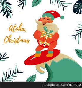 Holiday greeting card with tropical background and Aloha Santa Claus.. Holiday greeting card with tropical background and Aloha Santa Claus