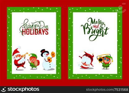 Holiday greeting cards with Santa, Snowman, Elf. Vector Merry Christmas postcards with Father Frost singing carols, listening boombox and dancing. Holiday Greeting Cards with Santa, Snowman, Elf