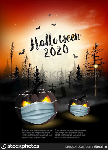 Holiday Halloween background with pumpkins wearing medical face mask and silhouettes of bats, dead trees and big moon. Halloween festival in Covid-19. Coronavirus concept. Vector